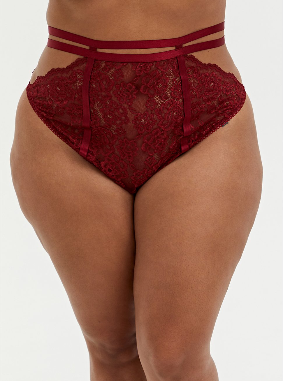 Plus Size Dark Red Lace Cutout Cage High Waist Thong Panty, BIKING RED, hi-res