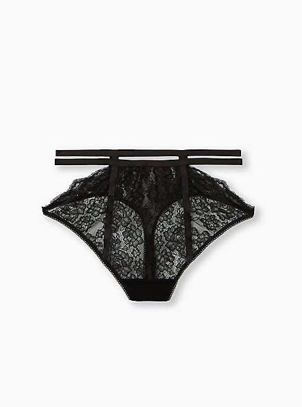Plus Size Cutout Cage High Waist Thong Panty - Lace Black, RICH BLACK, hi-res