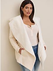 White Faux Suede & Faux Fur Drape Front Jacket, IVORY, alternate