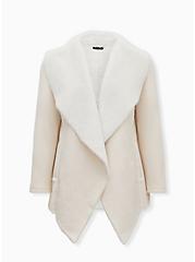 White Faux Suede & Faux Fur Drape Front Jacket, IVORY, hi-res
