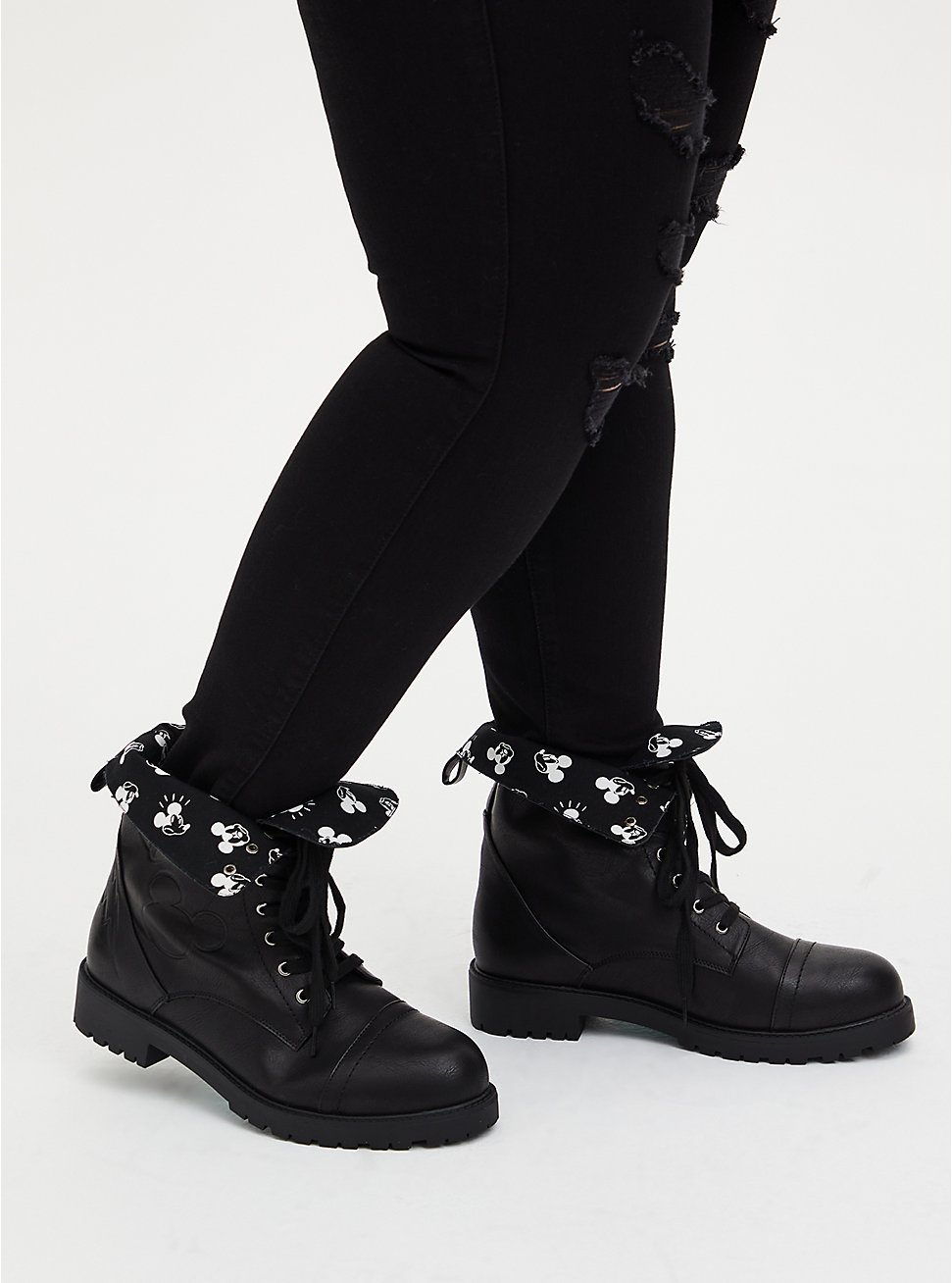 Plus Size Disney Mickey Black Faux Leather Foldover Combat Boot (WW), BLACK, hi-res