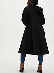 Black Stretch Woven Self-Tie Fit & Flare Longline Coat, , alternate