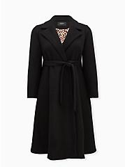 Plus Size Black Stretch Woven Self-Tie Fit & Flare Longline Coat, , hi-res