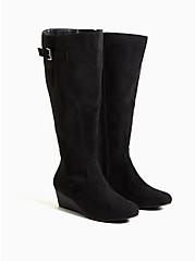 Plus Size Black Faux Suede Wedge Knee-High Boot (WW), BLACK, alternate