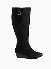 Plus Size Black Faux Suede Wedge Knee-High Boot (WW), BLACK, hi-res