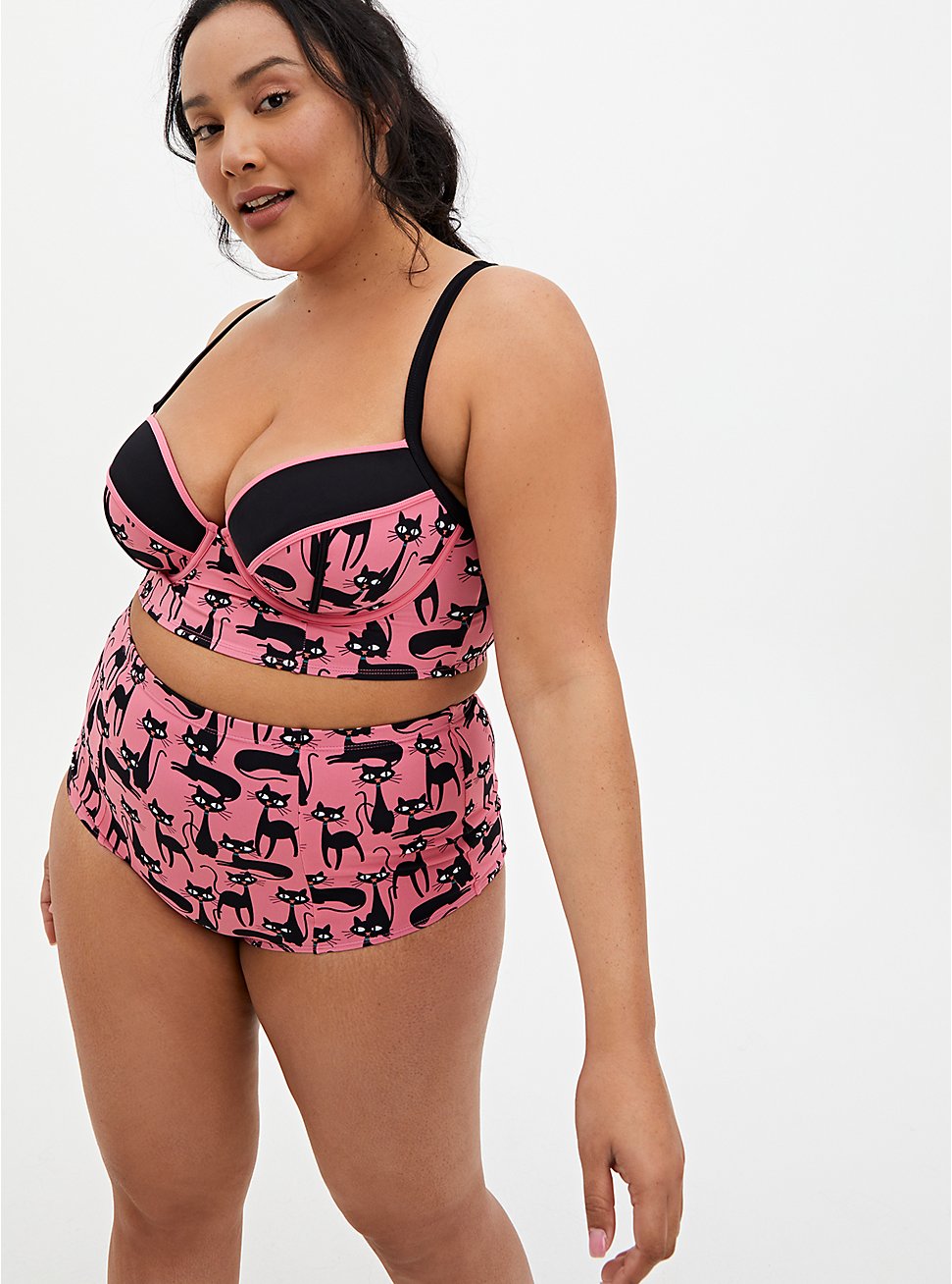 Pink Cat Print Underwire Bikini Top, MULTI, hi-res