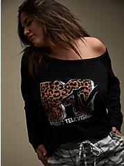 MTV Leopard & Black Terry Off Shoulder Sweatshirt, DEEP BLACK, hi-res