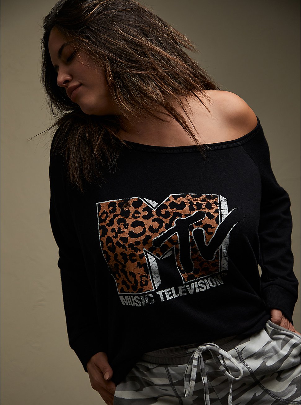 Plus Size MTV Leopard & Black Terry Off Shoulder Sweatshirt, DEEP BLACK, hi-res