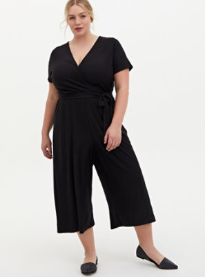 Plus Size - Black Textured Knit Surplice Culotte Jumpsuit - Torrid