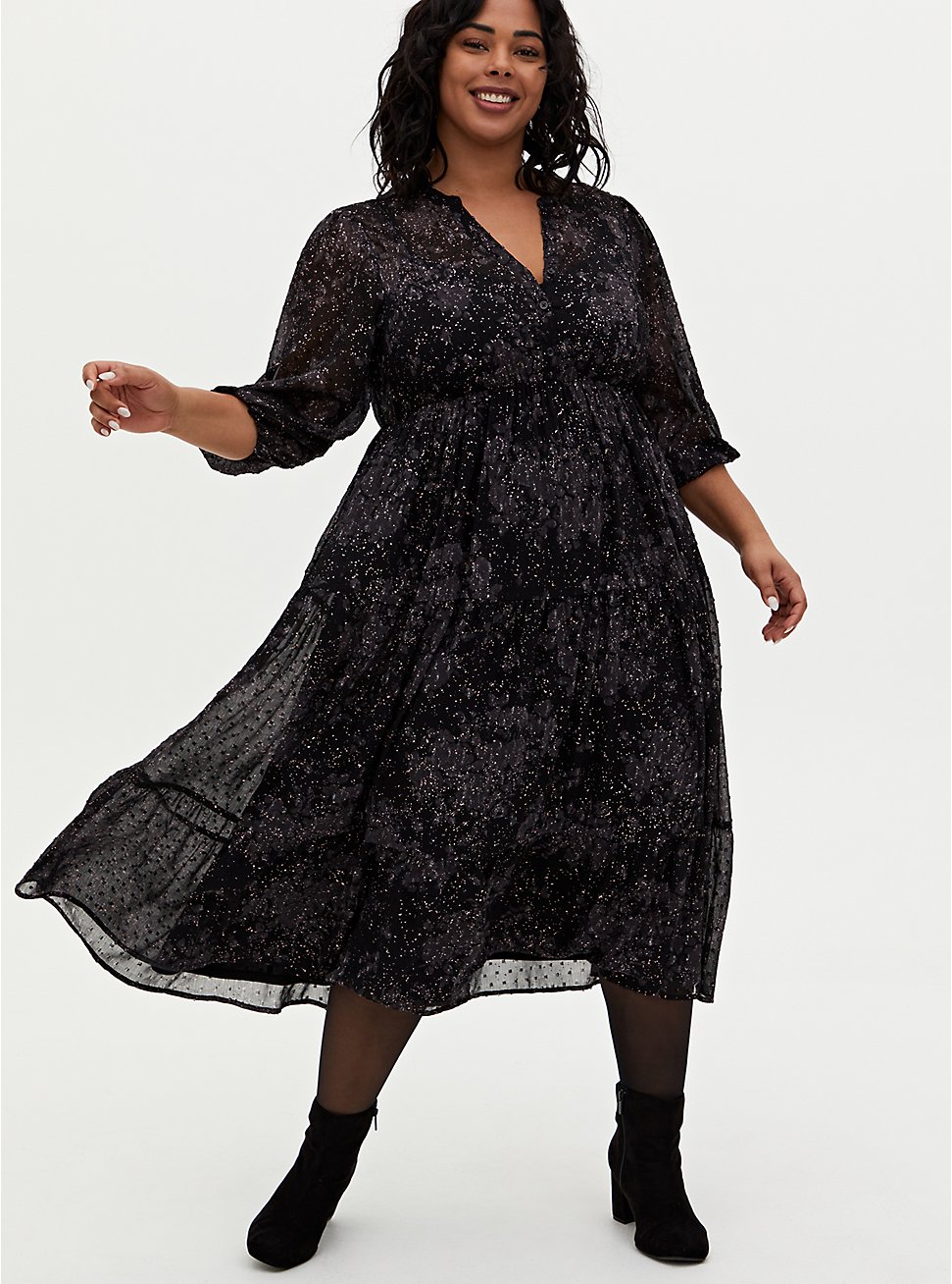 Plus Size - Black Floral Clip Dot Tiered Tea-Length Dress - Torrid