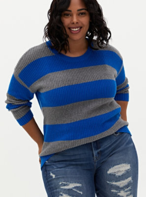 Plus Size - Royal Blue & Grey Stripe Pointelle Sweater - Torrid