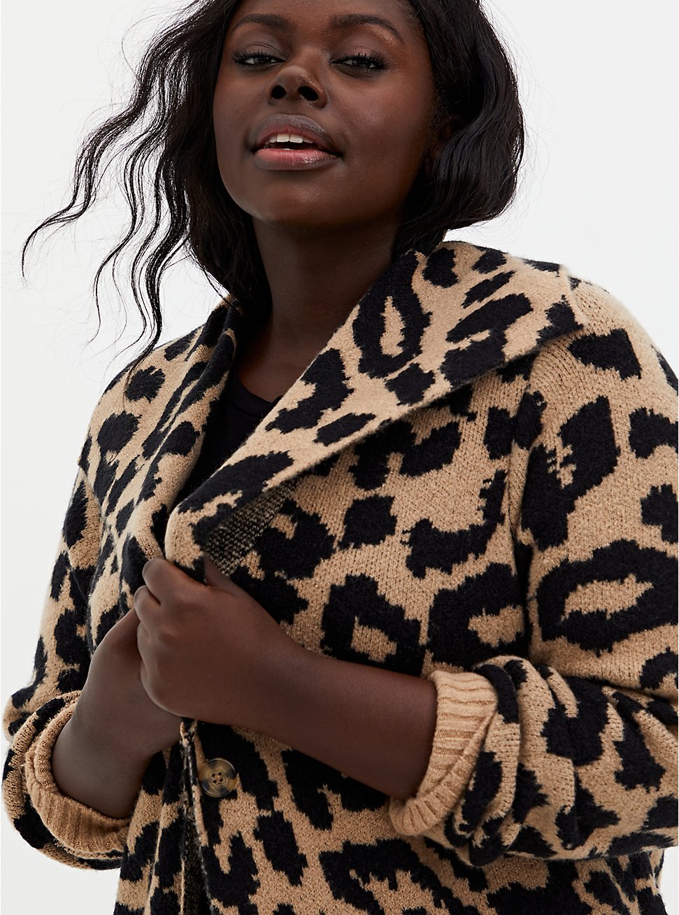 Plus Size Leopard Collar Longline Sweater Coat, LEOPARD, hi-res