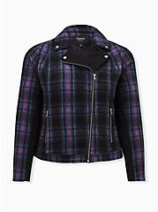Plus Size Multi Plaid Flannel Moto Jacket, PLAID - BLUE, hi-res