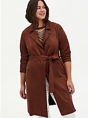 Chocolate Brown Faux Suede Longline Trench Jacket, BRUNETTE, alternate
