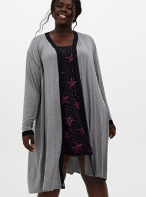Plus Size - Super Soft Grey Lace Trim Sleep Robe - Torrid