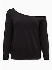 Plus Size Black Terry Off Shoulder Sweatshirt, DEEP BLACK, hi-res