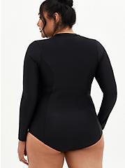 Plus Size Black Long Sleeve One-Piece Active Swimsuit, DEEP BLACK, alternate