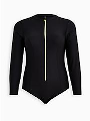 Black Long Sleeve One-Piece Active Swimsuit, DEEP BLACK, hi-res