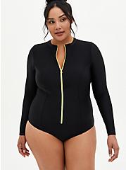 Plus Size Black Long Sleeve One-Piece Active Swimsuit, DEEP BLACK, hi-res