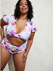 Multi Watercolor Floral Wireless Short Sleeve Bikini Top, MULTI, hi-res