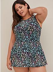Plus Size Underwire Short Mesh Overlay Swim Dress With Brief, SWEEPING LEOPARD, hi-res