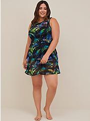 Plus Size Underwire Long Mesh Overlay Swim Dress With Brief, PALMS FOREST BLACK, hi-res