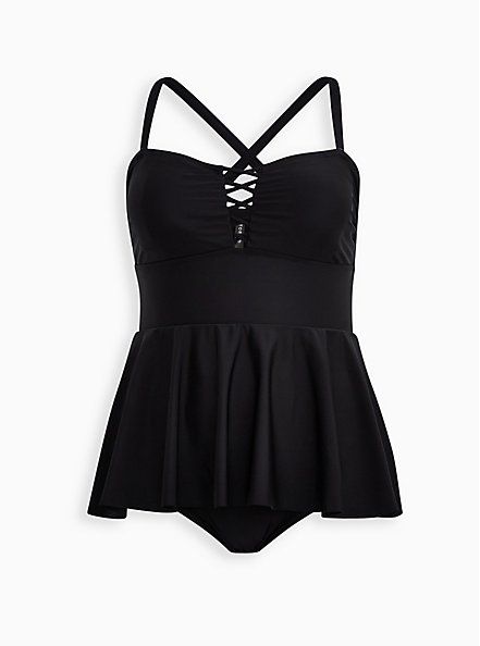 Plus Size Lattice Front Peplum Short Swim Dress - Black, DEEP BLACK, hi-res