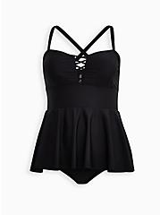 Plus Size Lattice Front Peplum Short Swim Dress - Black, DEEP BLACK, hi-res