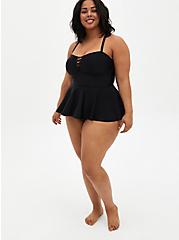 Lattice Front Peplum Short Swim Dress - Black, DEEP BLACK, hi-res