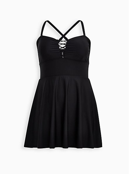Crisscross Peplum Long Swim Dress - Black, BLACK, hi-res