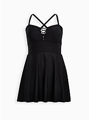 Plus Size Crisscross Peplum Long Swim Dress - Black, BLACK, hi-res