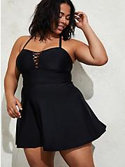 Plus Size Crisscross Peplum Long Swim Dress - Black, BLACK, hi-res