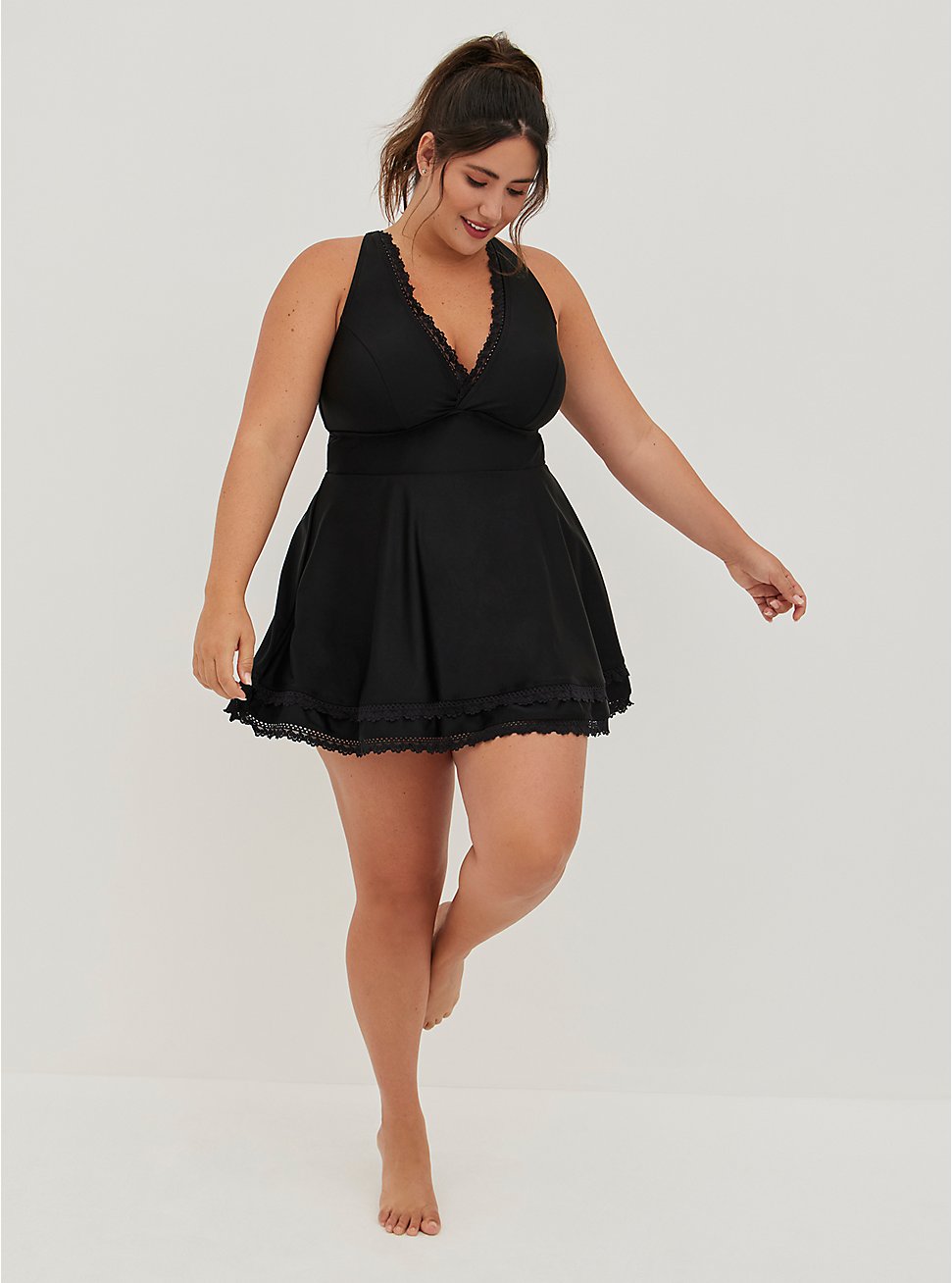 Wireless Mid Lace Trimmed Swim Dress With Brief, DEEP BLACK, hi-res