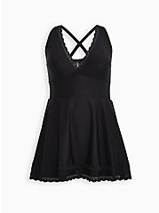 Lace Trim Swim Dress - Black, DEEP BLACK, hi-res