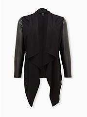 Plus Size Black Ponte & Faux Leather Drape Front Kimono, DEEP BLACK, hi-res