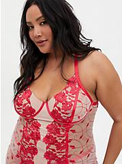 Raspberry Pink Embroidered Mesh Underwire Chemise, TEA BERRY, alternate