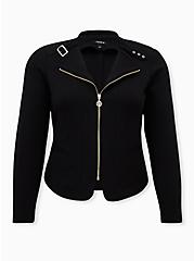 Plus Size Black Ponte Moto Jacket , DEEP BLACK, hi-res