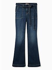 Plus Size Mid Rise Flare Jean - Super Soft Eco Medium Wash With Tie Belt, BLUE GROTTO, hi-res