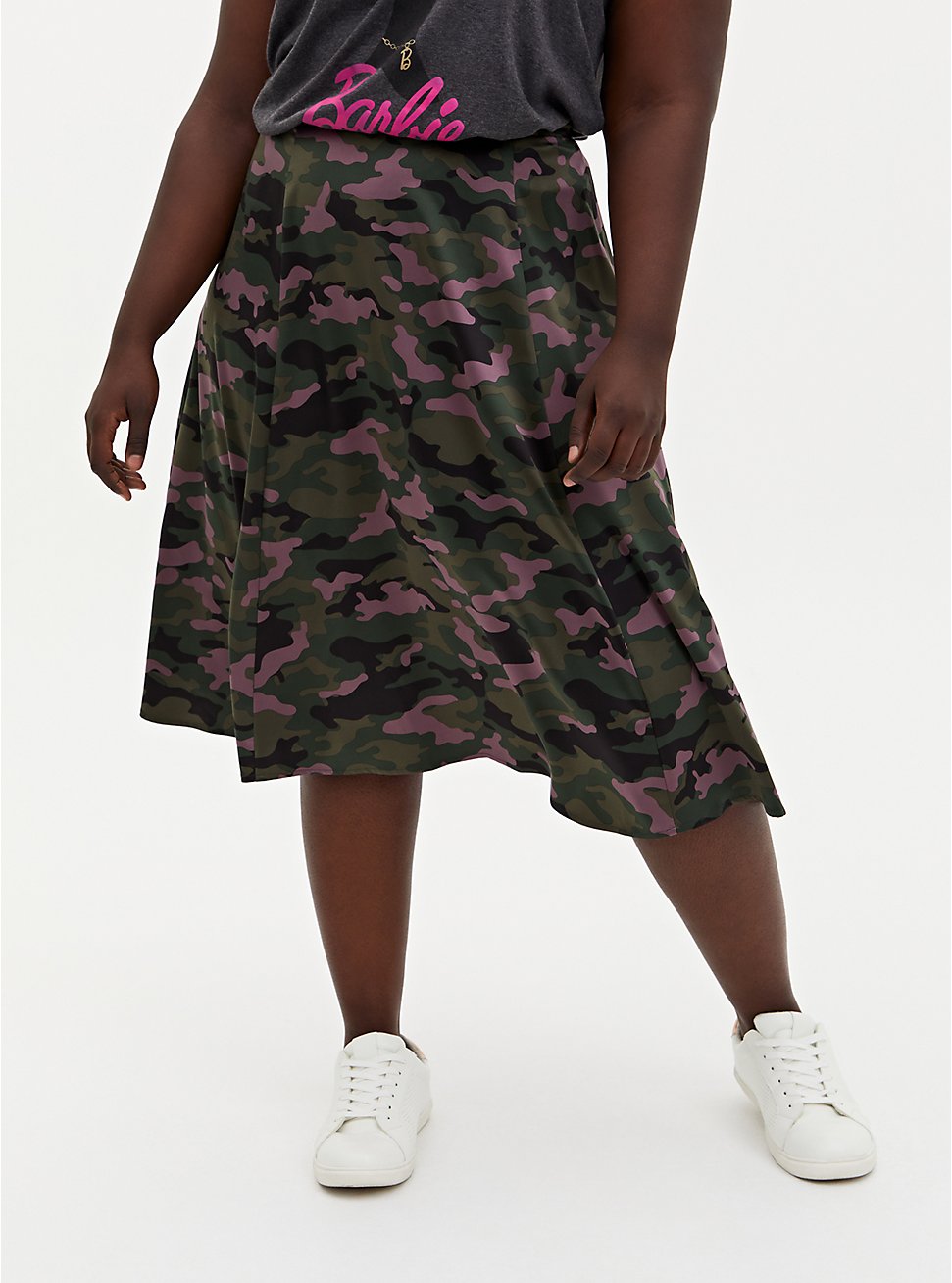 Plus Size Midi Satin Slip Skirt, CAMO, hi-res