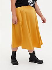 Plus Size Golden Yellow Satin Tea Length Skirt, GOLD, hi-res