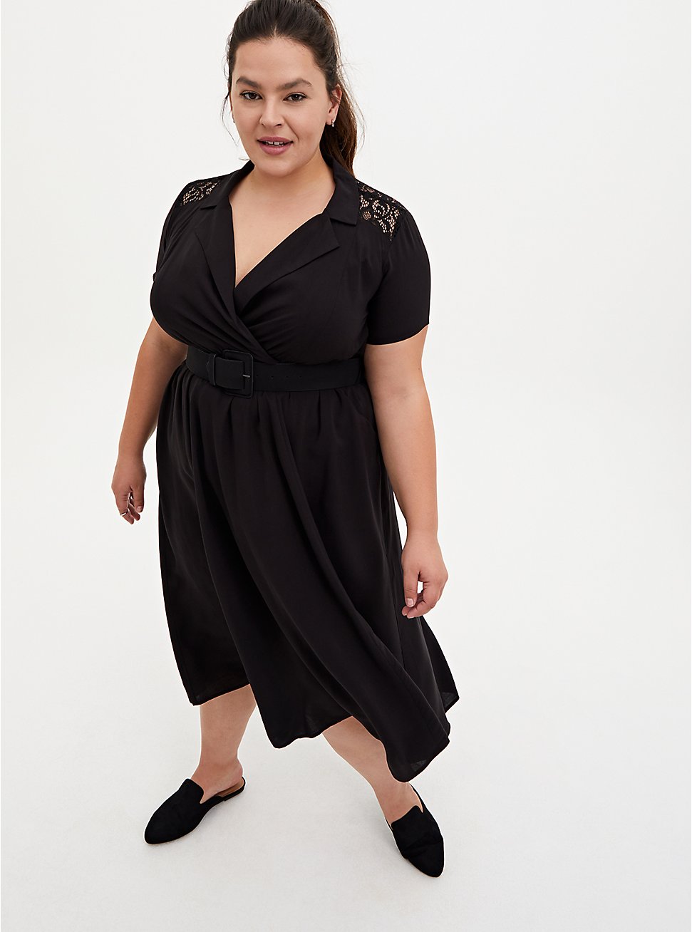 Black Stretch Challis Lace Midi Shirt Dress