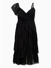 Black Mesh Asymmetrical Ruffle Midi Skater Dress, DEEP BLACK, hi-res