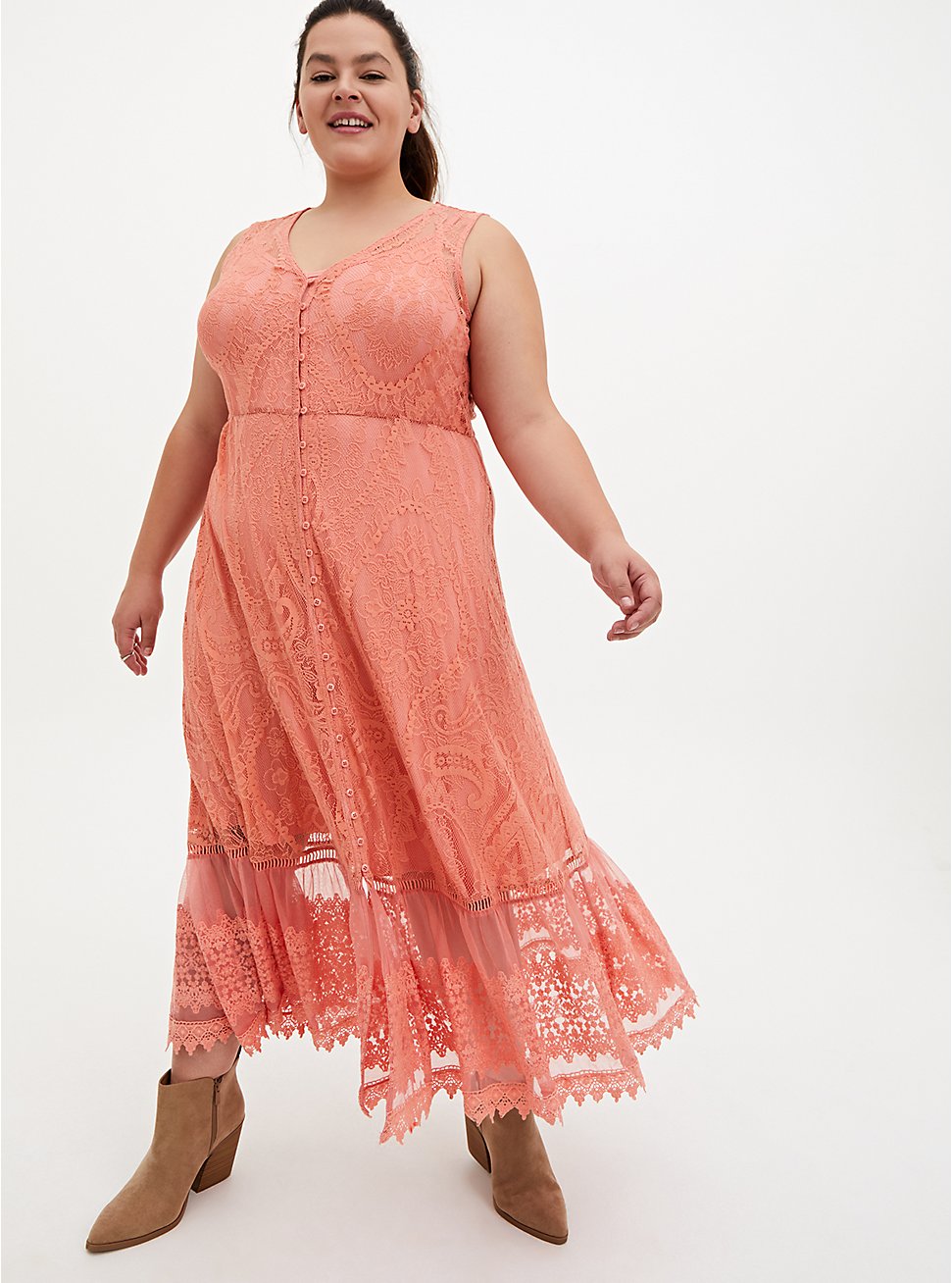 Lace Over-Lay Maxi Dress & Waistcoat Set Coral SIZES 10/12 & 12/14
