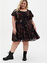 Mini Chiffon Ruffle Hem Skater Dress, BLACK FLORAL, hi-res