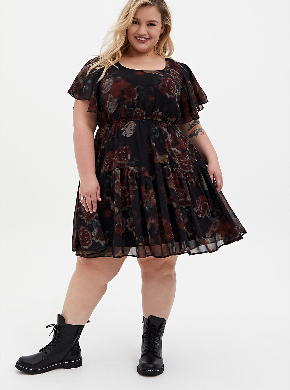 Mini Chiffon Ruffle Hem Skater Dress, BLACK FLORAL, hi-res