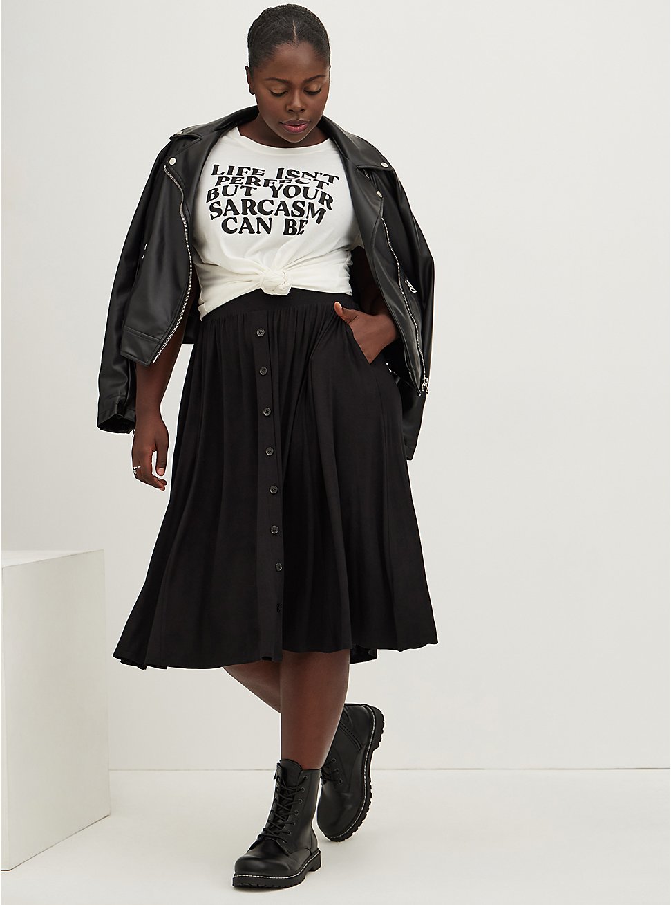 Super Soft Black Button Midi Skirt, DEEP BLACK, hi-res