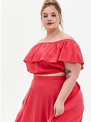 Plus Size  Raspberry Pink Challis Off Shoulder Top & Hi-Lo Skirt Set, TEABERRY, alternate