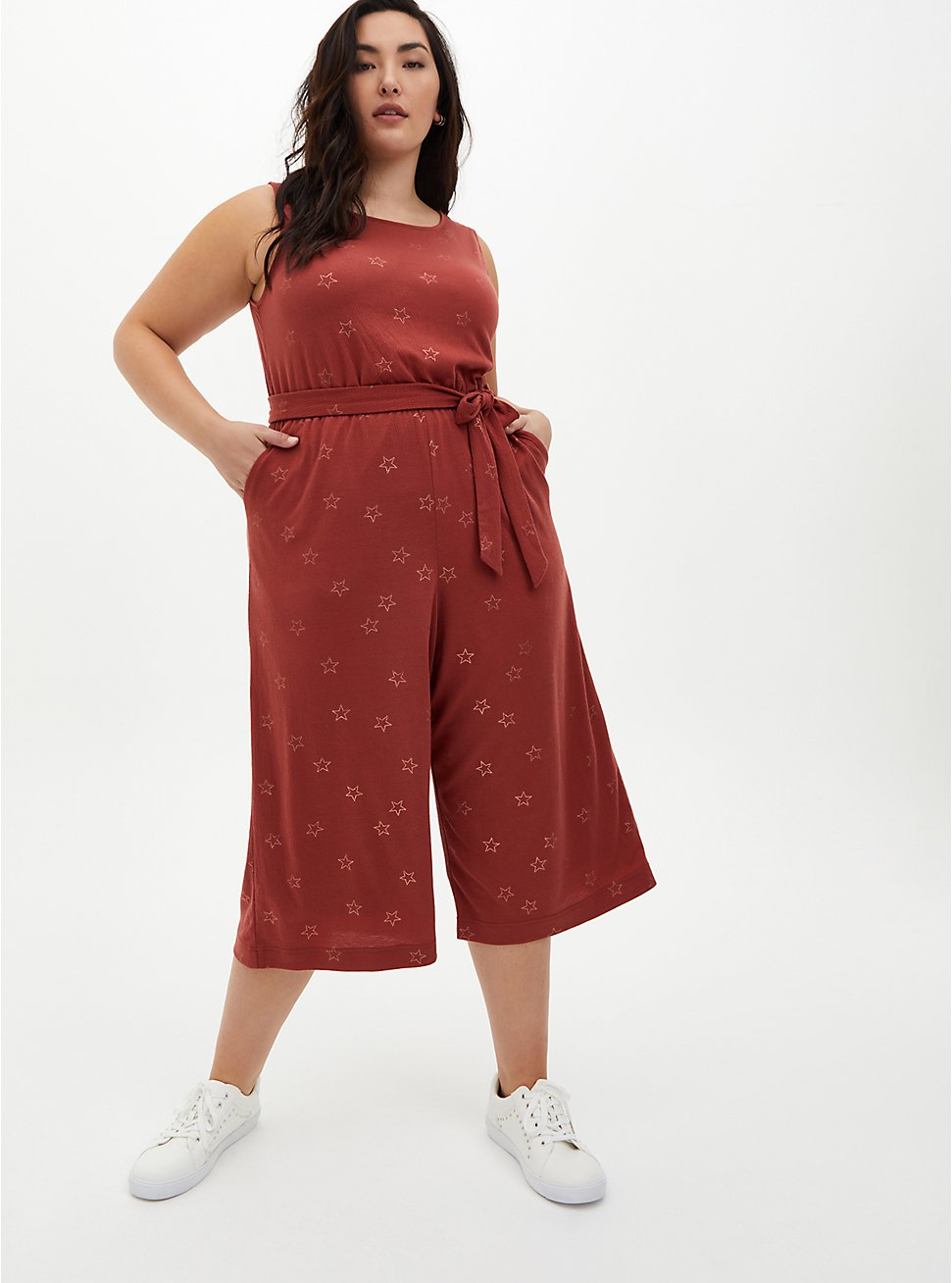 Plus Size Marsala Stars Textured Knit Culotte Jumpsuit, STARS - PINK, hi-res