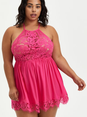 Mesh & Lace Halter Babydoll - Pink