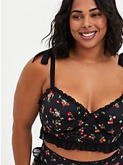Black Cherries Ruffle Trim Bow Strap Underwire Lightly Lined Bralette, CHERRY, hi-res